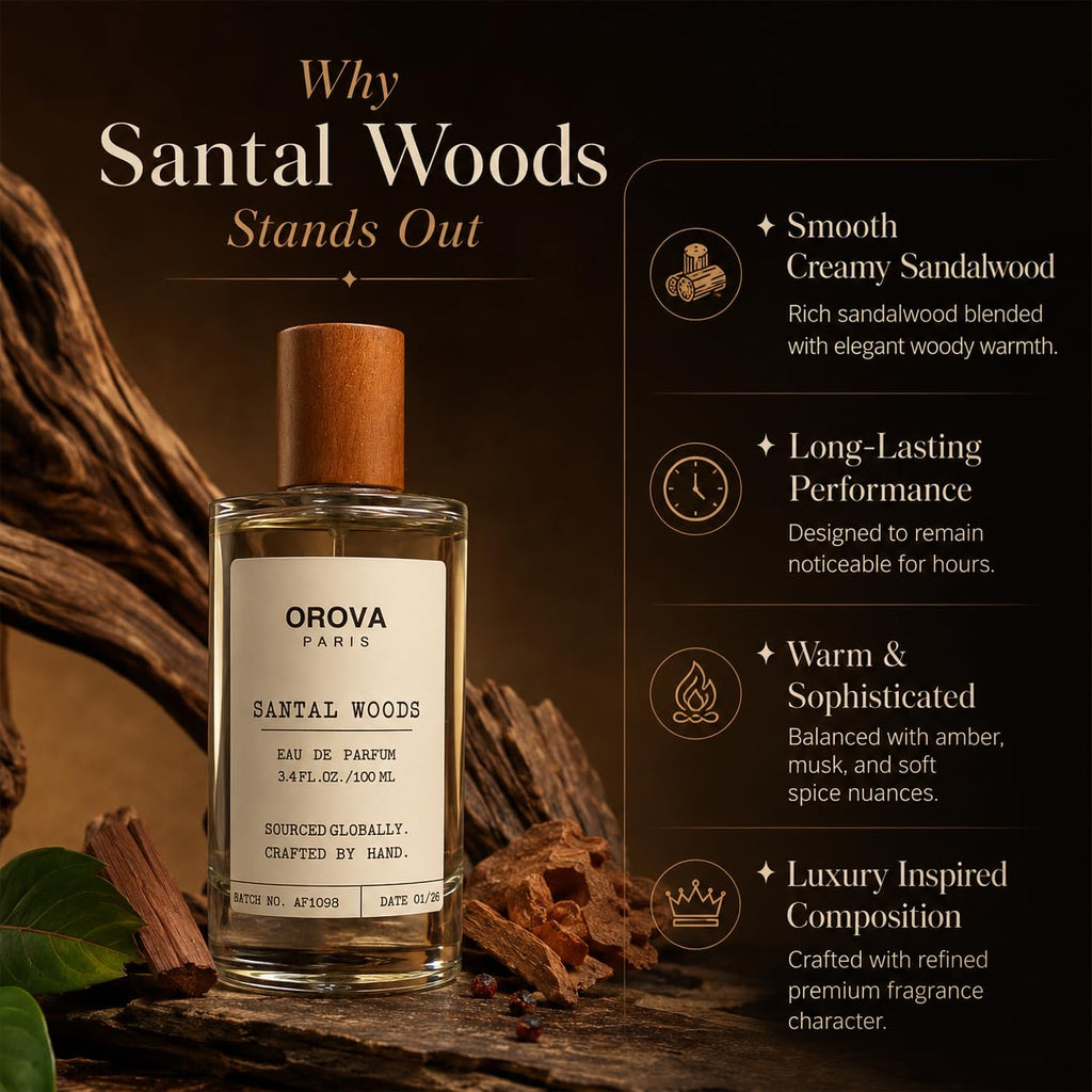 ORÖVA PARIS Santal Woods Eau de Parfum for Women & Men – Luxury Santal Perfume with Creamy Sandalwood, Soft Musk & Warm Woody Notes, Long Lasting Unisex Fragrance, Premium Eau de Parfum, 3.4 Fl Oz