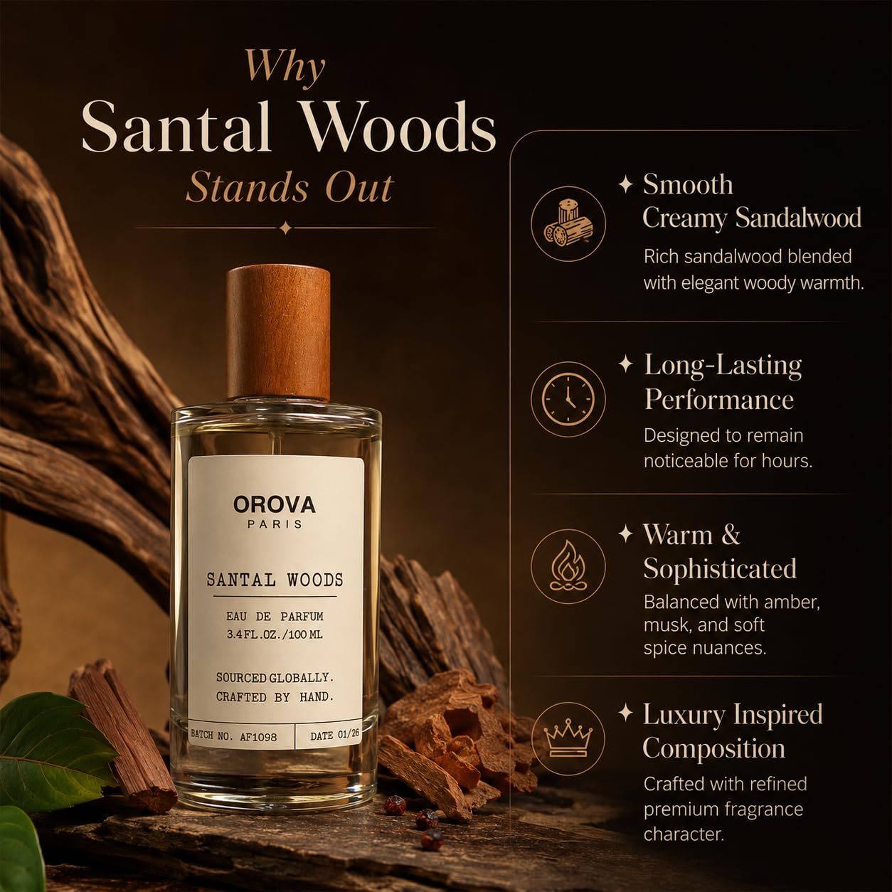 ORÖVA PARIS Santal Woods Eau de Parfum for Women & Men – Luxury Santal Perfume with Creamy Sandalwood, Soft Musk & Warm Woody Notes, Long Lasting Unisex Fragrance, Premium Eau de Parfum, 3.4 Fl Oz