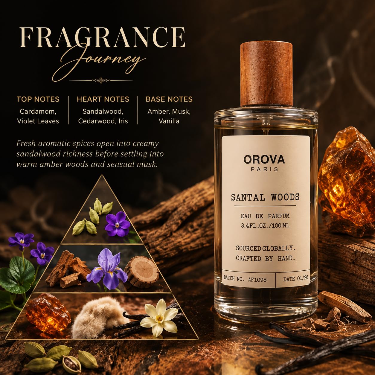 ORÖVA PARIS Santal Woods Eau de Parfum for Women & Men – Luxury Santal Perfume with Creamy Sandalwood, Soft Musk & Warm Woody Notes, Long Lasting Unisex Fragrance, Premium Eau de Parfum, 3.4 Fl Oz