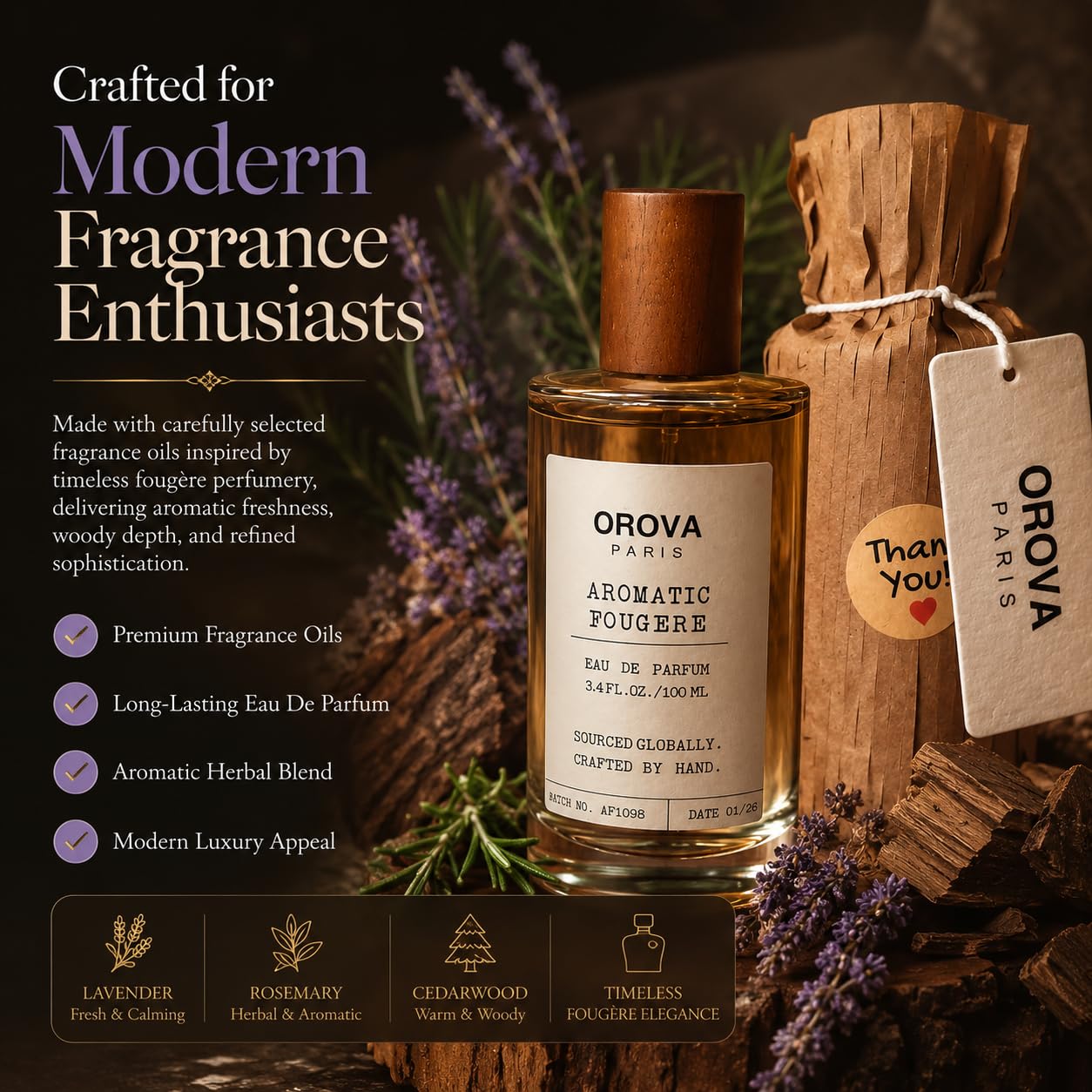 ORÖVA PARIS Aromatic Fougère Eau de Parfum for Men & Women, Fresh Lavender Perfume with Citrus, Woods & Musk, Long Lasting Unisex Fragrance, Clean Herbal Niche Scent, 100ml / 3.4 Fl Oz