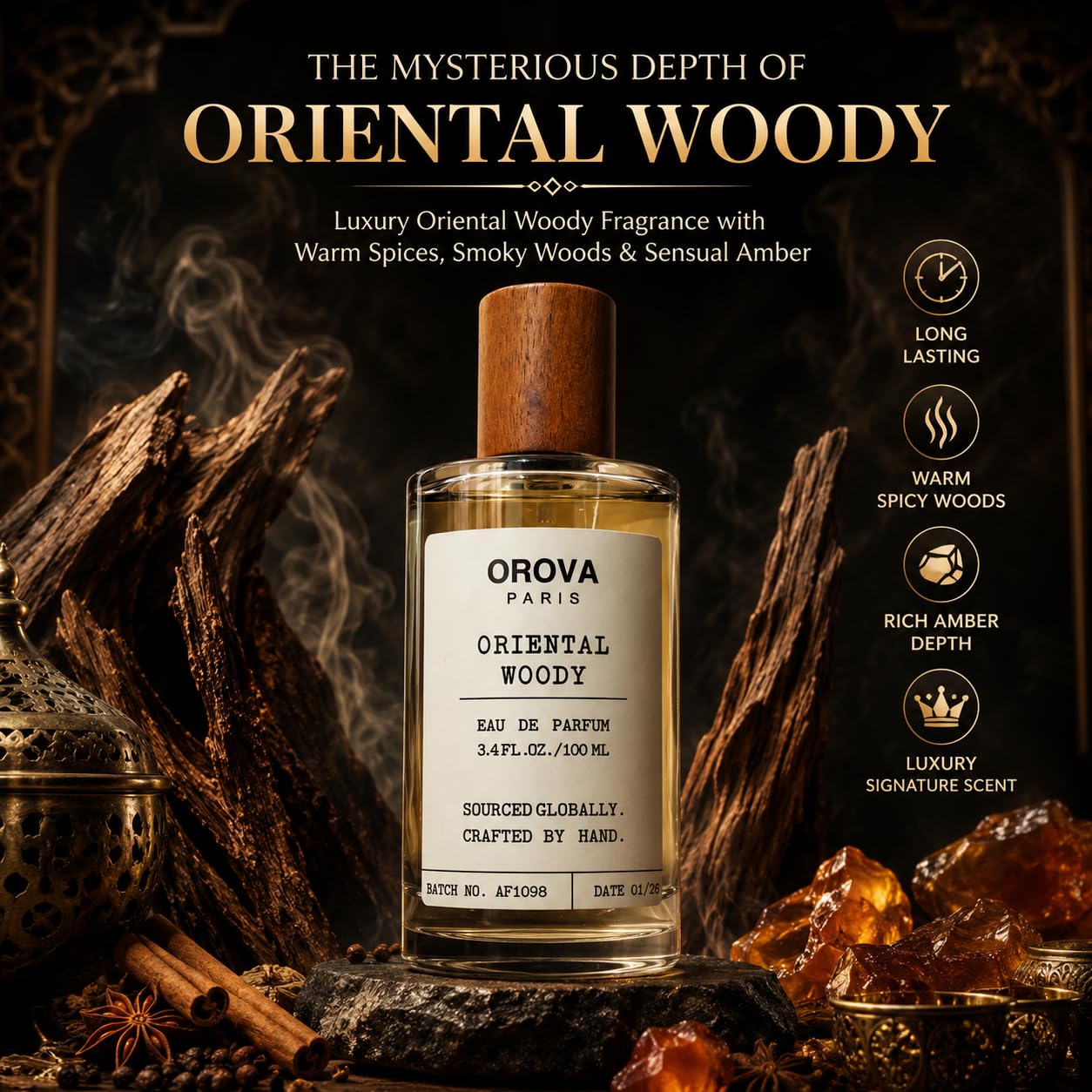 ORÖVA PARIS Oriental Woody Eau de Parfum for Men & Women, Luxury Oud Perfume with Amber, Musk & Warm Spices, Long Lasting Unisex Fragrance, Niche Woody Scent, 100ml / 3.4 Fl Oz
