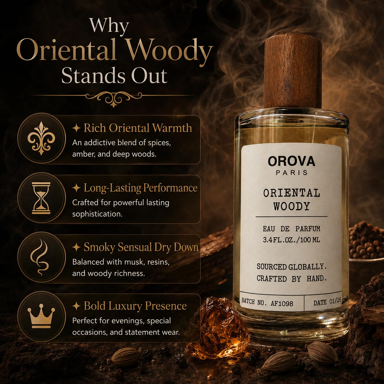 ORÖVA PARIS Oriental Woody Eau de Parfum for Men & Women, Luxury Oud Perfume with Amber, Musk & Warm Spices, Long Lasting Unisex Fragrance, Niche Woody Scent, 100ml / 3.4 Fl Oz