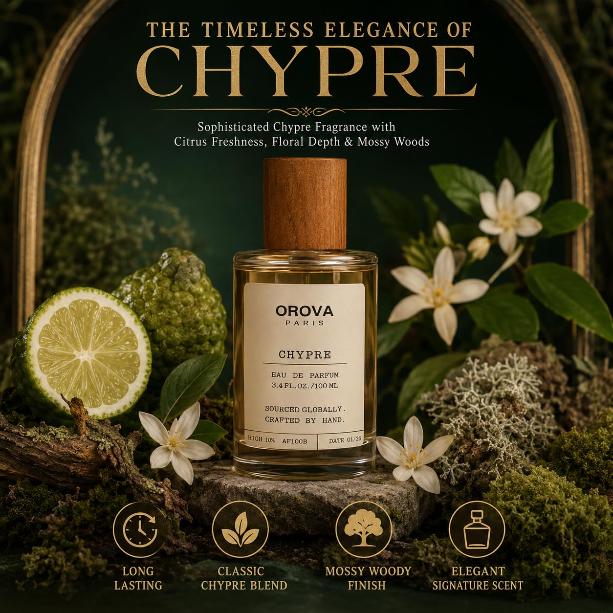 ORÖVA Paris Chypre Eau de Parfum – Fresh Citrus Woody Fragrance with Bergamot, Oakmoss & Patchouli – Long Lasting Clean Unisex Luxury Perfume, Handcrafted, 3.4 fl oz (100 ml)