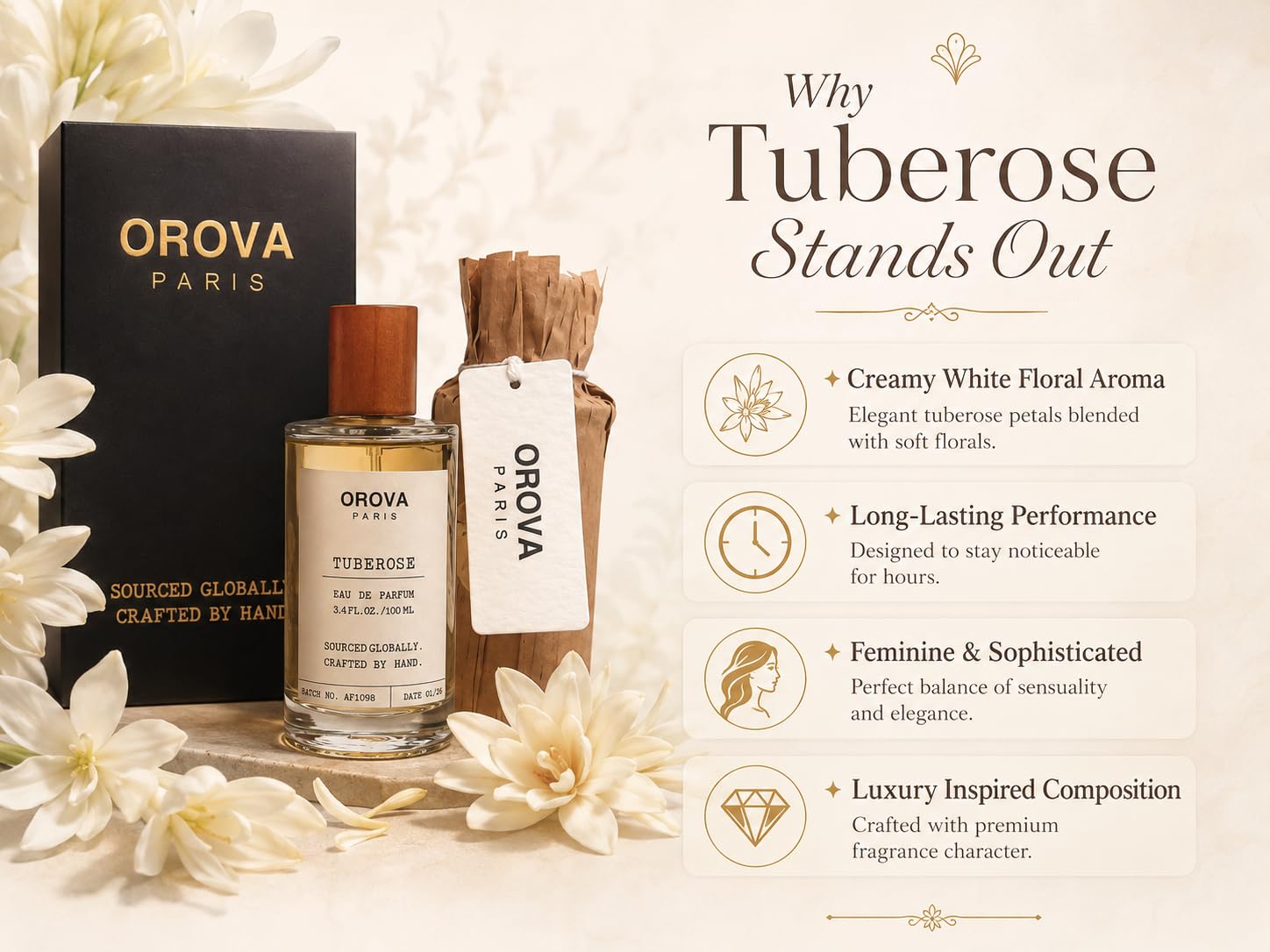 ORÖVA PARIS Tuberose Eau de Parfum for Women & Men – Luxury White Floral Perfume with Tuberose, Jasmine & Soft Musk, Long Lasting Unisex Fragrance, Elegant Niche Eau de Parfum, 3.4 Fl Oz (100 ml)