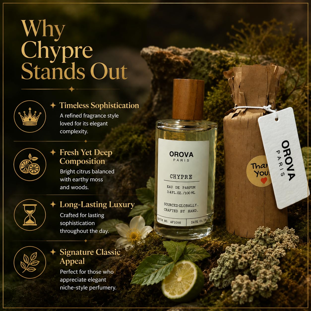 ORÖVA Paris Chypre Eau de Parfum – Fresh Citrus Woody Fragrance with Bergamot, Oakmoss & Patchouli – Long Lasting Clean Unisex Luxury Perfume, Handcrafted, 3.4 fl oz (100 ml)