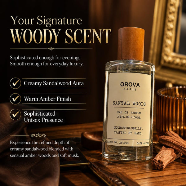 ORÖVA PARIS Santal Woods Eau de Parfum for Women & Men – Luxury Santal Perfume with Creamy Sandalwood, Soft Musk & Warm Woody Notes, Long Lasting Unisex Fragrance, Premium Eau de Parfum, 3.4 Fl Oz alternate view