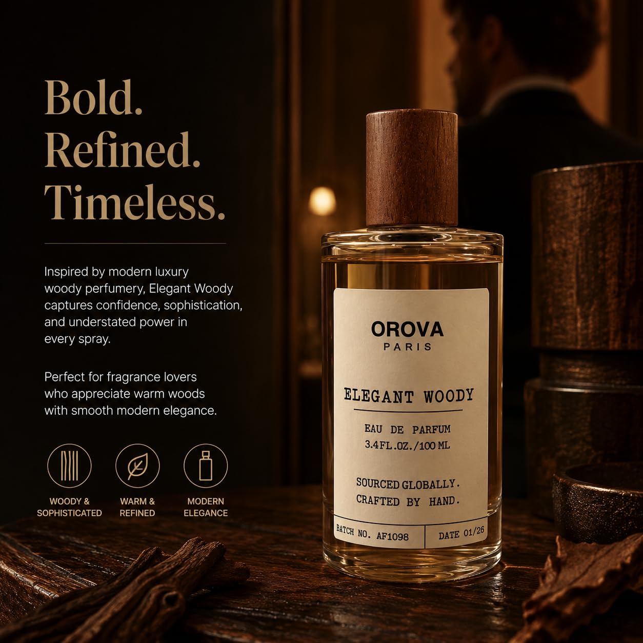 ORÖVA PARIS Elegant Woody Eau de Parfum for Women & Men – Warm Vanilla Perfume with Amber, Musk & Woody Notes, Long Lasting Luxury Unisex Fragrance, Premium Eau de Parfum, 3.4 Fl Oz (100 ml)