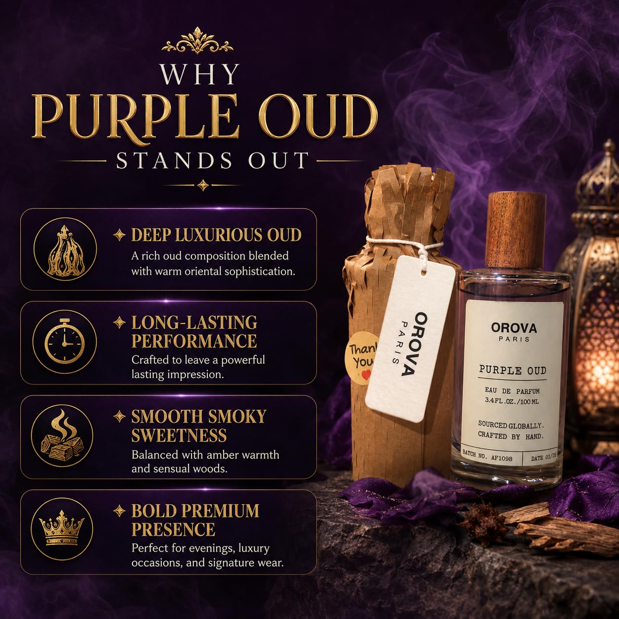 ORÖVA Paris Purple Oud Eau de Parfum – Dark Oriental Oud Perfume with Saffron, Pink Pepper & Warm Amber – Long Lasting Intense Unisex Luxury Fragrance, 3.4 oz (100 ml)