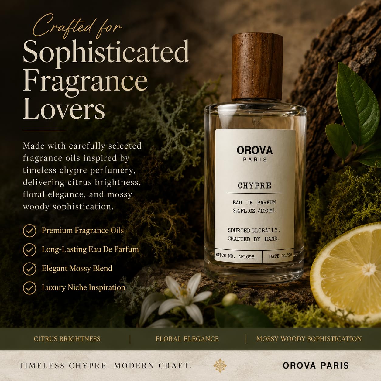 ORÖVA Paris Chypre Eau de Parfum – Fresh Citrus Woody Fragrance with Bergamot, Oakmoss & Patchouli – Long Lasting Clean Unisex Luxury Perfume, Handcrafted, 3.4 fl oz (100 ml)
