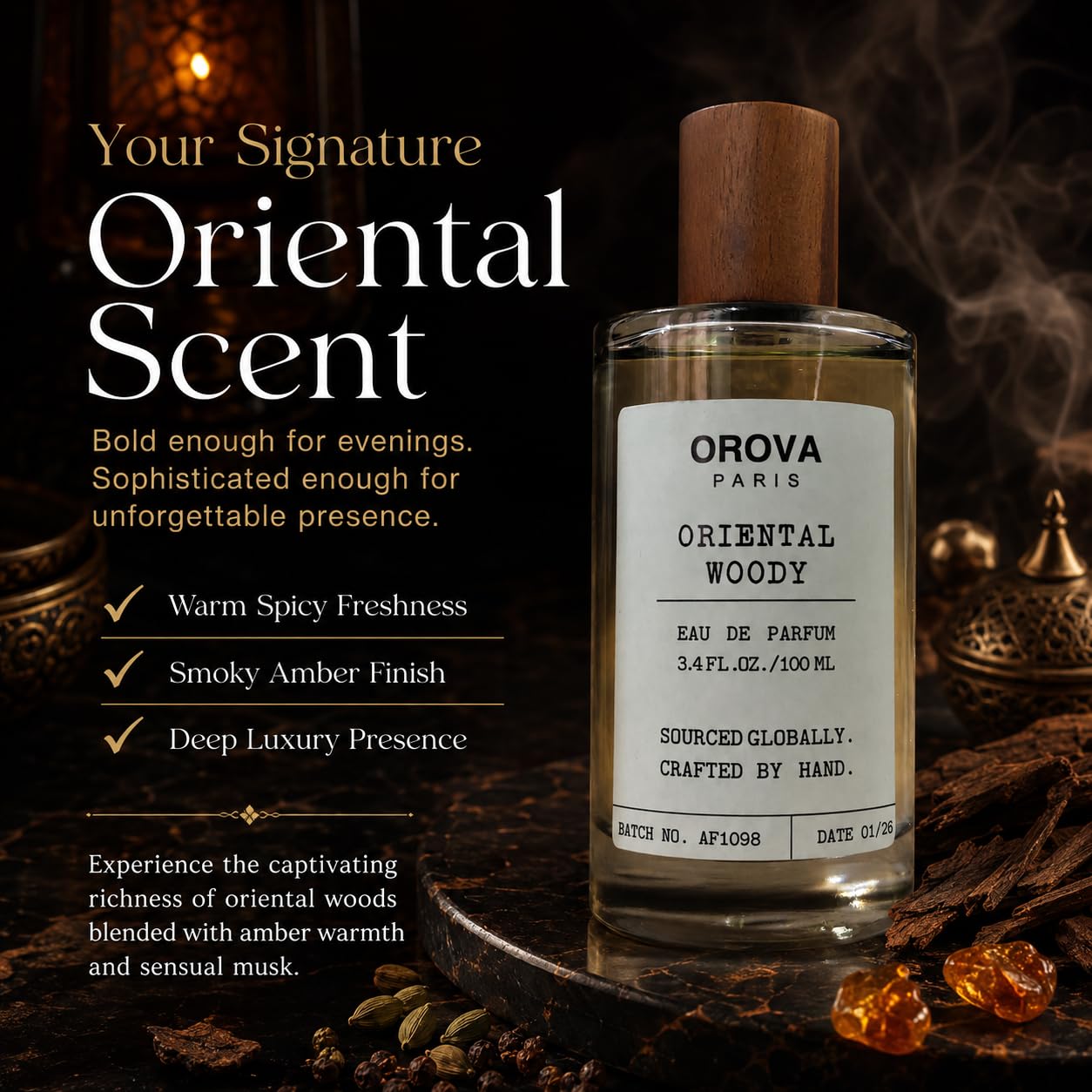 ORÖVA PARIS Oriental Woody Eau de Parfum for Men & Women, Luxury Oud Perfume with Amber, Musk & Warm Spices, Long Lasting Unisex Fragrance, Niche Woody Scent, 100ml / 3.4 Fl Oz