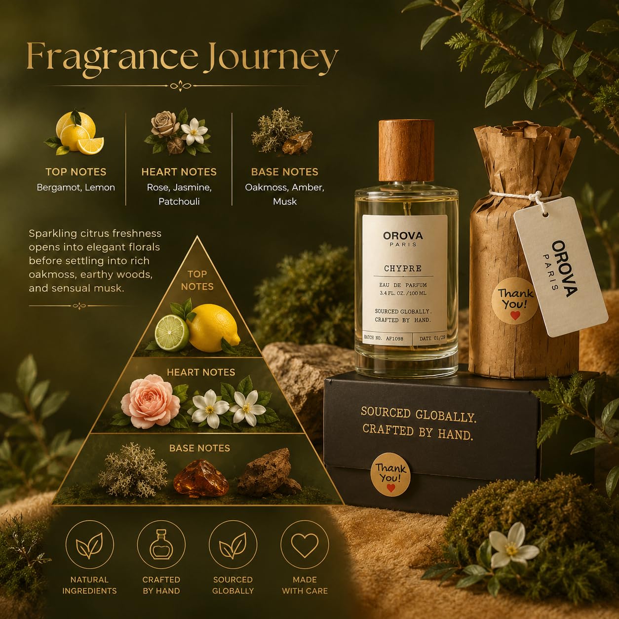 ORÖVA Paris Chypre Eau de Parfum – Fresh Citrus Woody Fragrance with Bergamot, Oakmoss & Patchouli – Long Lasting Clean Unisex Luxury Perfume, Handcrafted, 3.4 fl oz (100 ml)