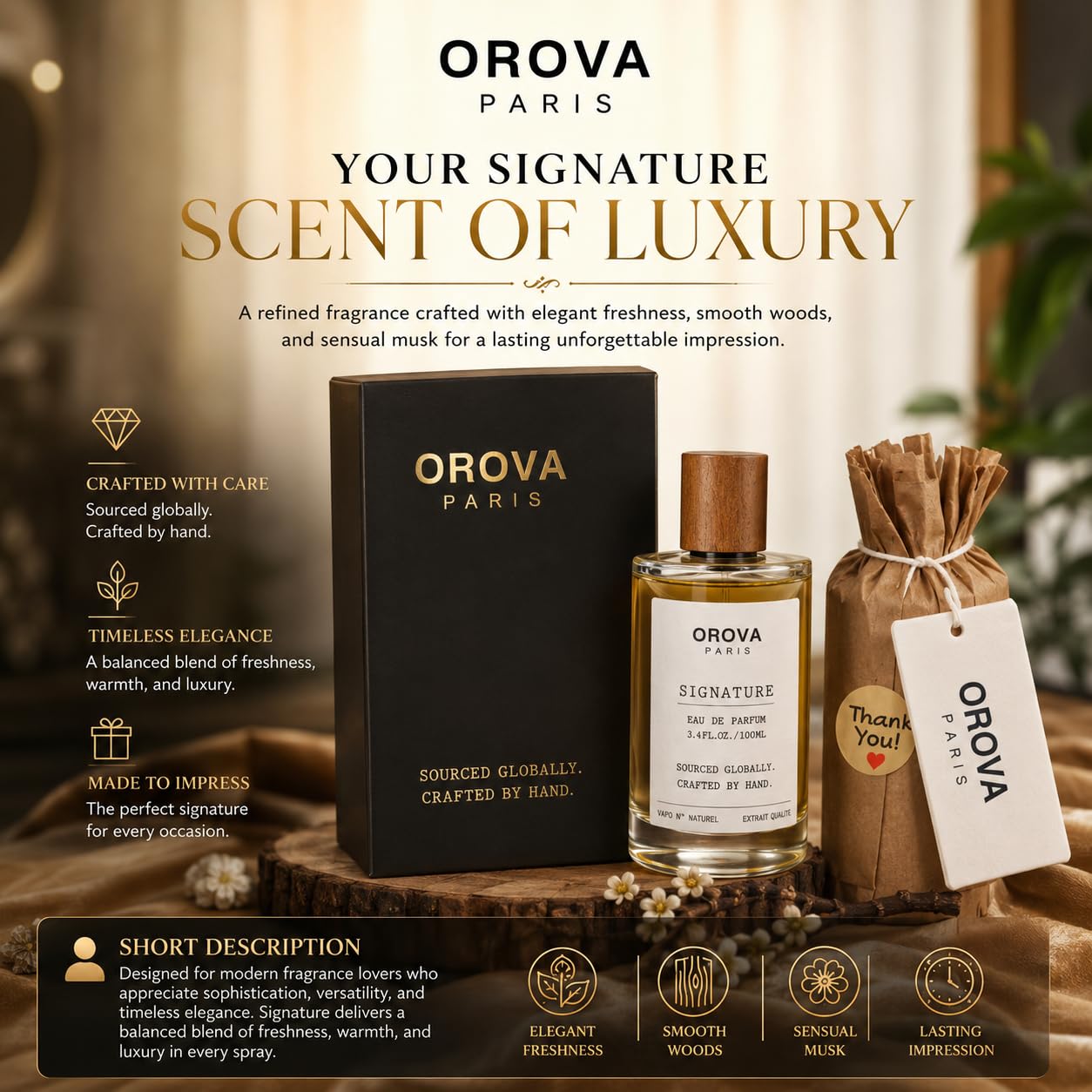 ORÖVA PARIS Signature Eau de Parfum for Women & Men – Warm Amber Woody Perfume with Bergamot, Patchouli & Musk, Long Lasting Luxury Unisex Fragrance, Premium Eau de Parfum, 3.4 Fl Oz (100 ml)