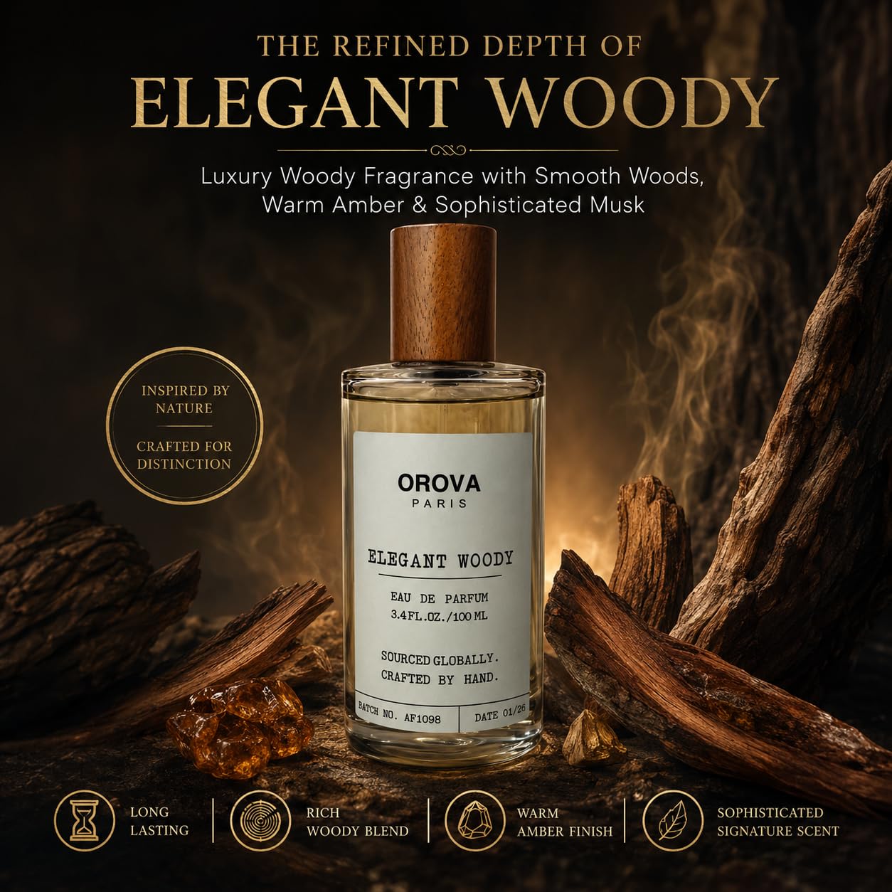 ORÖVA PARIS Elegant Woody Eau de Parfum for Women & Men – Warm Vanilla Perfume with Amber, Musk & Woody Notes, Long Lasting Luxury Unisex Fragrance, Premium Eau de Parfum, 3.4 Fl Oz (100 ml)
